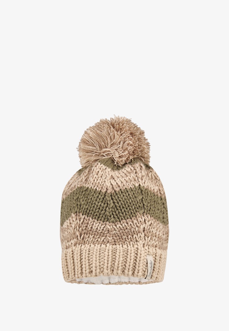 Knit hat in beige and olive green with a ribbed brim and a fluffy pom-pom on top. Features a zigzag pattern and a soft lining.