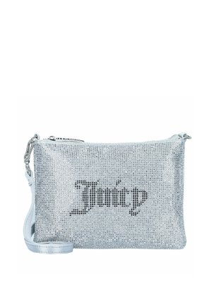 Zilveren handtas met stenen embellissementen, rechthoekige vorm, ritsluiting en een afneembare schouderband. Bevat het 'Juicy' logo in het zwart.