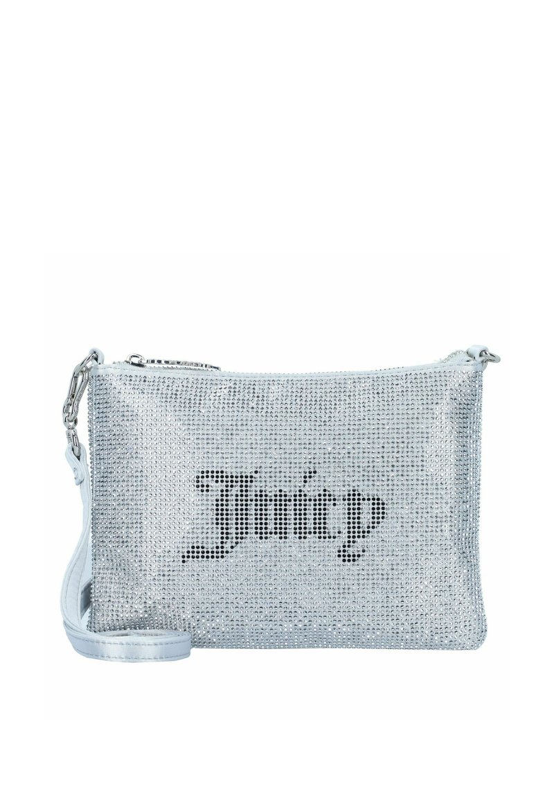 Sidabrinė rankinė su deimantais, stačiakampio formos, užtrauktuku užsidaranti ir su nuimamu dirželiu. Yra juodas "Juicy" logotipas.