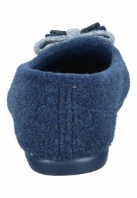Navy blue felt slippers with a soft texture, featuring a gray double bow accent on the front and a rounded toe design.