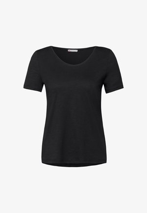 Zwart T-shirt met korte mouwen, gemaakt van zachte stof, met een ronde halslijn en een ontspannen pasvorm. Eenvoudig ontwerp zonder patronen of accenten.