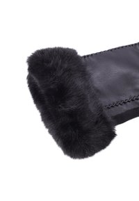 Guanto in pelle nera con polsino in morbida e densa pelliccia sintetica nera. Il design include cuciture visibili lungo i bordi.