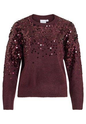 Burgunderfarget genser med paljettdekorasjoner på skuldrene, rund halsutskjæring og ribbestrikkede mansjetter, som gir en strukturert og reflekterende overflate.