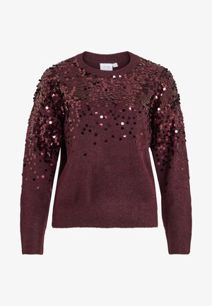 Burgunderfarget genser med paljettdekorasjoner på skuldrene, rund halsutskjæring og ribbestrikkede mansjetter, som gir en strukturert og reflekterende overflate.