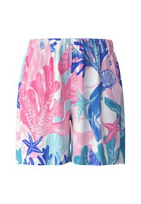 Zwemshorts met een levendig patroon van koraal en zeedieren in roze, blauw en turquoise. Gemaakt van lichtgewicht, sneldrogend materiaal.