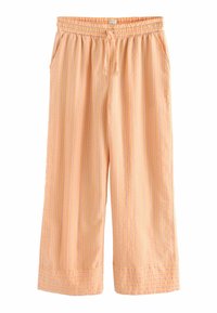 Perzik- en roze gestreepte losse broek met elastische tailleband, trekkoord, zijzakken en brede, omgeslagen pijpen.