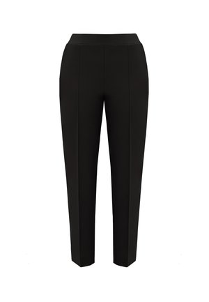 Juodi kelnės su lieknu siluetu, aukšta juosmens linija ir dviem priekinėmis raukšlėmis. Pagamintos iš sklandžios, tamprios medžiagos, suteikiančios papildomą komfortą.