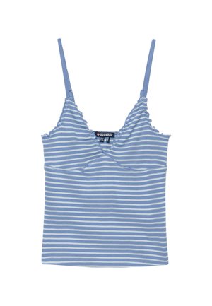 Niebiesko-biały, poziomo paskowany top na cienkich ramiączkach z falistymi krawędziami i dekoltem w serek.