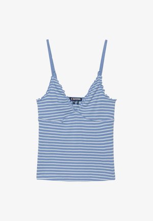 Niebiesko-biały, poziomo paskowany top na cienkich ramiączkach z falistymi krawędziami i dekoltem w serek.