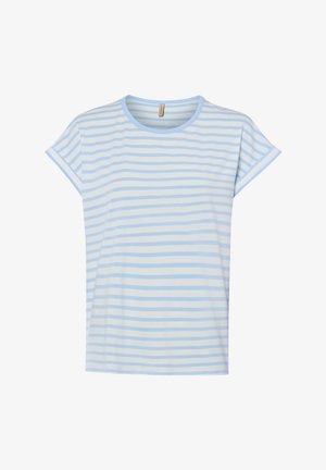 T-shirt a maniche corte con scollo rotondo a righe orizzontali azzurre e bianche, polsini piegati, mostrata su sfondo bianco.