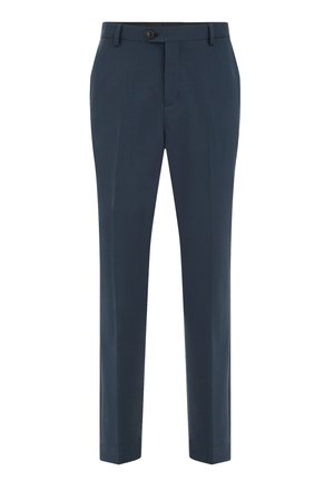 Maßgeschneiderte marineblaue Hose aus leichtem Material, mit flachem Frontbereich, einem Knopfverschluss und geraden Beinen mit Seitentaschen.