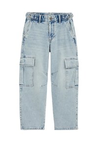 Hele sinised teksast lahtise lõikega püksid mitme küljetaskuga, nööpkinnituse ja kulunud detailidega põlvedel.