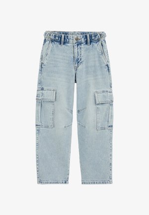 Lyseblå denim cargobukser med en afslappet pasform, der har flere sidelommer, knaplukning og frynser på knæene.