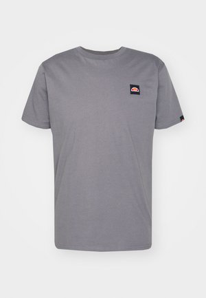 Gray cotton t-shirt with short sleeves, crew neck, and a small logo patch in the top left corner. Features a straight hem and soft texture.