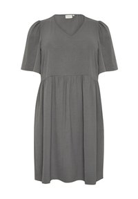 Vestido corto gris de manga corta con escote en V, cintura fruncida y corte holgado. Hecho de una tela texturizada, presenta líneas simples y limpias sin patrones.
