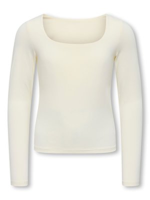 Haut à manches longues de couleur crème avec un décolleté carré et une silhouette ajustée, présenté sur un fond blanc.