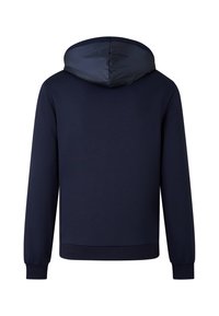 Marineblå hættetrøje med en kontrasterende hætte i glat marineblåt stof. Har ribbede manchetter og en lige kant, lavet af et blødt, tekstureret materiale.