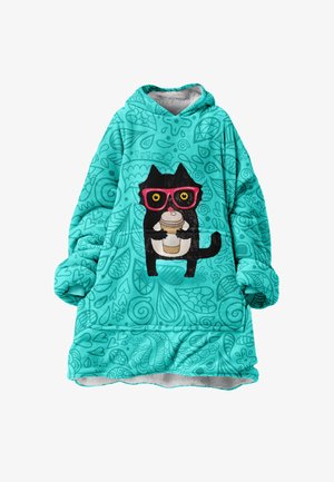 Türkiissinine üle mõõtmete kapuutsiga särk, millel on must kass, kes kannab roosasid prille ja hoiab kohvitassi. Omab pehmet, fleece-sarnast materjali ja lustakaid mustreid.