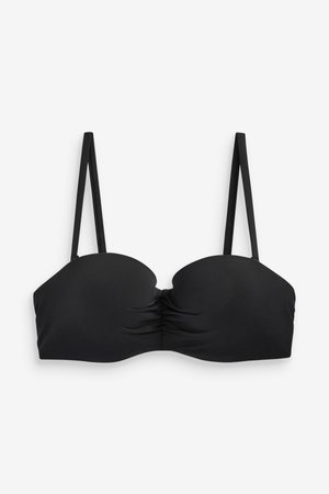 Schwarzer Bandeau-BH mit weichen Cups, gerafftem Mittelteil und verstellbaren dünnen Trägern. Hergestellt aus glattem, dehnbarem Stoff.