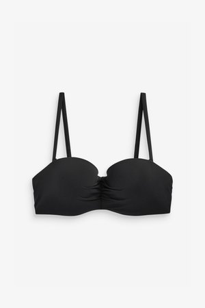 Soutien-gorge bandeau noir avec bonnets doux, centre froncé et bretelles fines réglables. Fabriqué en tissu lisse et extensible.