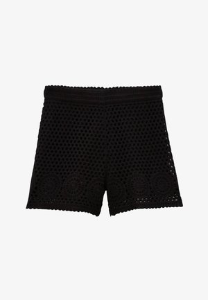 Shorts en crochet noir avec des motifs circulaires près de l'ourlet et un bord festonné sur fond blanc.