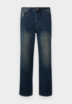 Tumesinised sirge säärejoonega teksapüksid, pleekinud reite ja väikeste kulumisjälgedega esitaskute lähedal, nööbi- ja tõmblukuga, viietaskuline stiil.