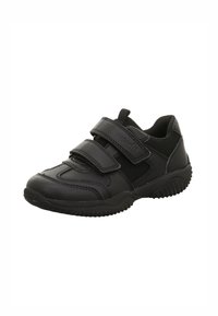 Sneaker nera per bambini con due cinturini regolabili in velcro e una suola texturizzata, progettata per comfort e supporto.