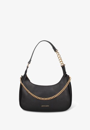 Black leather handbag with a textured finish, featuring a gold chain accent across the front and a single leather shoulder strap.
