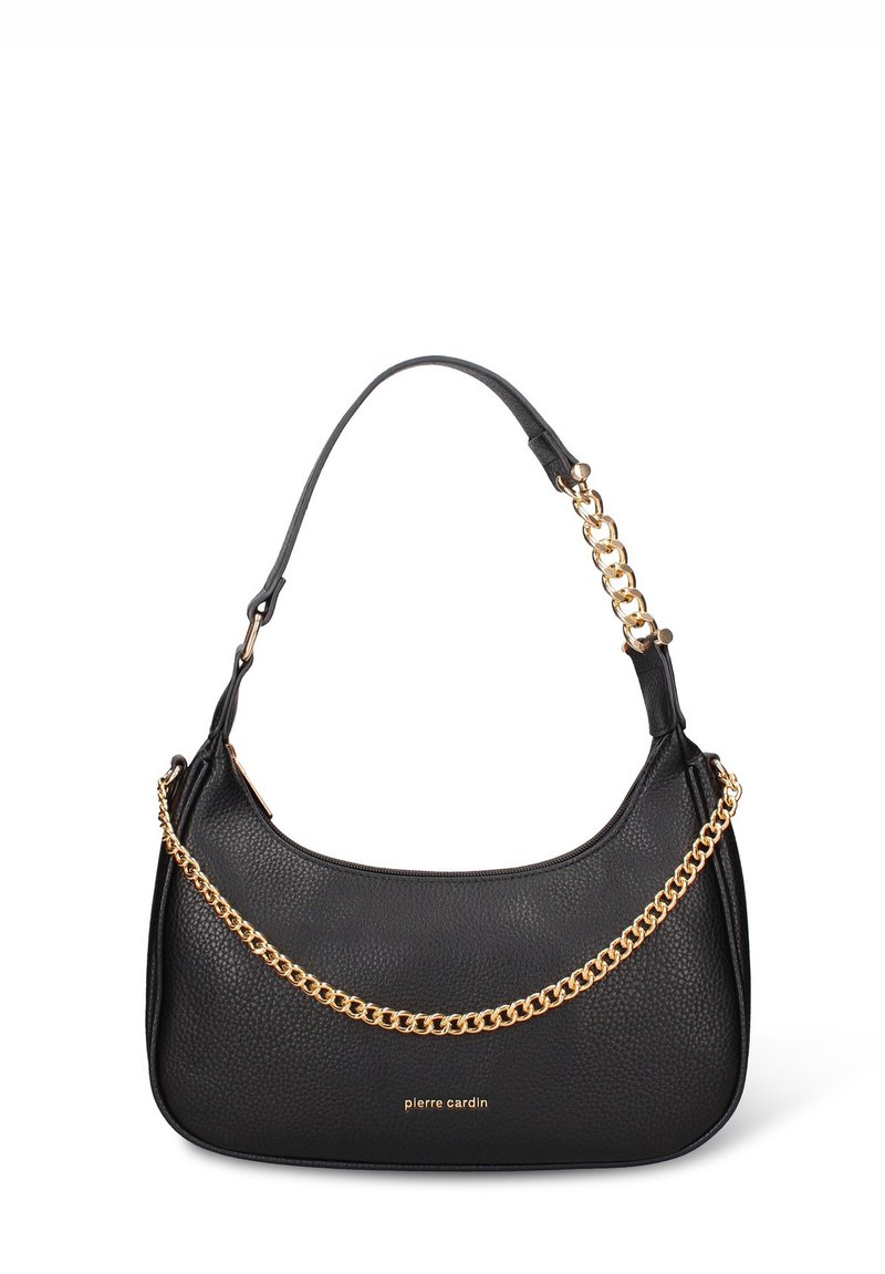 Borsa a mano in pelle nera con finitura testurizzata, caratterizzata da un dettaglio di catena dorata sulla parte frontale e una singola tracolla in pelle.