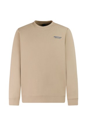 Beige sweatshirt with long sleeves, round neckline, and soft texture. Features a blue "PROTEST SPORTWEAR" logo on the chest.
