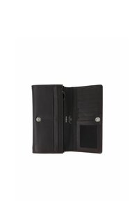 Portefeuille en cuir noir ouvert, montrant plusieurs emplacements pour cartes, une fenêtre d'identité transparente et une fermeture par bouton pression.