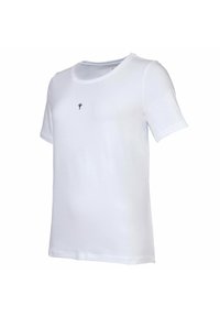 Camiseta de algodón blanca con escote redondo y mangas cortas. Presenta un pequeño logo negro en el pecho. Textura suave, corte estándar.