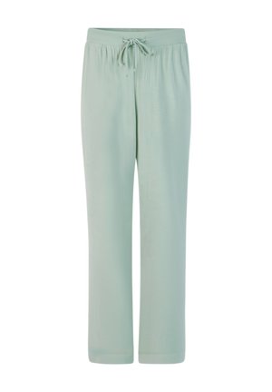 Lichtgroene elastische broek met een trekkoord, rechte pijpen en een gladde textuur, geschikt voor casual wear of loungewear.