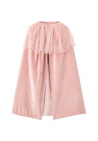 Cloak roz cu un model cu stele, având un overlay din tul la decolteu. Textură moale, de catifea, cu accente aurii. Design cu fața deschisă.