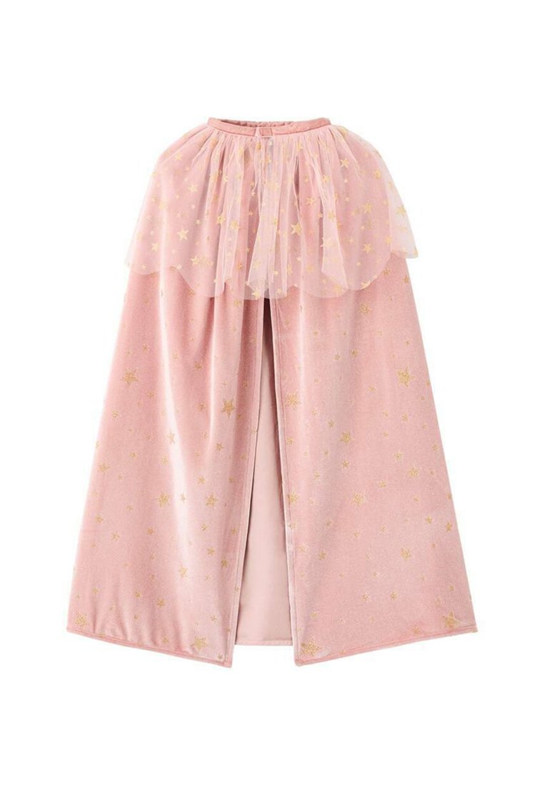 Cloak roz cu un model cu stele, având un overlay din tul la decolteu. Textură moale, de catifea, cu accente aurii. Design cu fața deschisă.