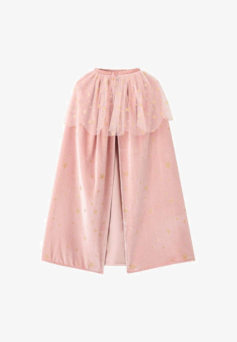 Cloak roz cu un model cu stele, având un overlay din tul la decolteu. Textură moale, de catifea, cu accente aurii. Design cu fața deschisă.