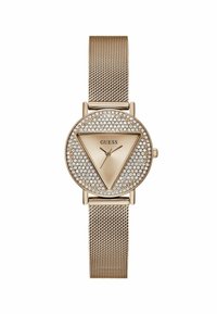 Orologio in oro rosa con quadrante triangolare tempestato di cristalli, dotato di bracciale in maglia. Il quadrante presenta due indicatori delle lancette e un logo.