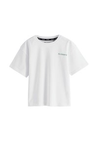 Biele bavlnené tričko s krátkymi rukávmi, na ľavej strane hrudníka s jemným zeleným logom "ALLSAINTS". Dizajn s okrúhlym výstrihom, voľný strih.