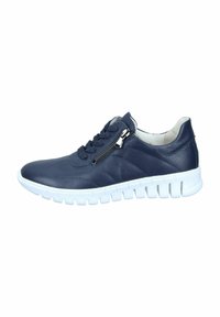 Sneaker in pelle blu navy con superficie testurizzata, chiusura con lacci e zip, suola bianca cushioned con scanalature per maggiore flessibilità.