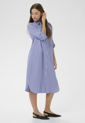 Naine, kes kannab sinise ja valge triibulise nööbitava midi-kleidi, mille varrukad on üles keeratud, ning mustade rihmikandjatega teravate kannikutega kingi.