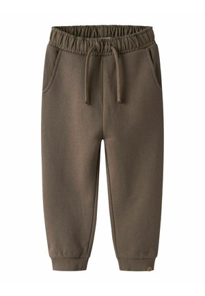 Tmavozelené tepláky z mäkkej látky, s elastickým pásom so sťahovacou šnúrkou, dvoma bočnými vreckami a rebrovanými manžetami na členkoch.