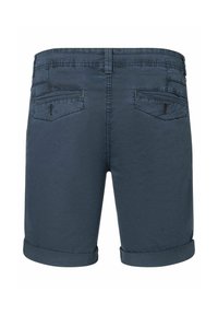 Dark blue cotton shorts feature a turned-up hem, two back pockets, and a smooth texture with visible stitching details.