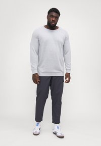Hellgraues Langarmshirt mit rundem Ausschnitt, kombiniert mit dunkelgrauen Hosen. Das Outfit wird mit weißen Sneakern mit schwarzen Streifen abgerundet.