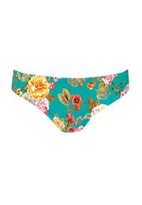 Kwiatowe majtki bikini na turkusowym tle. Zawierają żółte, różowe i białe kwiaty z zielonymi liśćmi. Gładki materiał, średni wzrost.