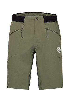 Shorts d'extérieur vert olive avec taille élastique noire, poches latérales zippées, fermeture à bouton et logo mammouth blanc sur la jambe droite.