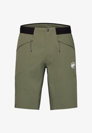 Shorts d'extérieur vert olive avec taille élastique noire, poches latérales zippées, fermeture à bouton et logo mammouth blanc sur la jambe droite.