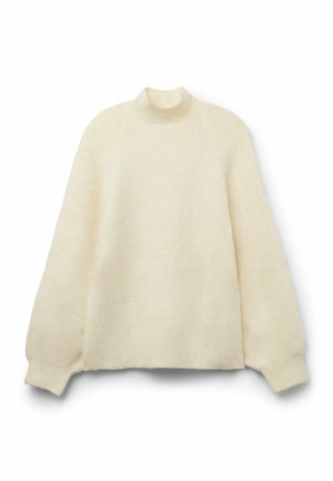 Suéter color crema hecho de material de punto acanalado. Presenta un cuello alto y costuras de hombro caídas. Textura suave con un ajuste relajado.