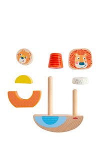 Wooden stacking toy with colorful pieces: lion face, orange and yellow semi-circles, striped red cone, and blue base with two wooden posts.