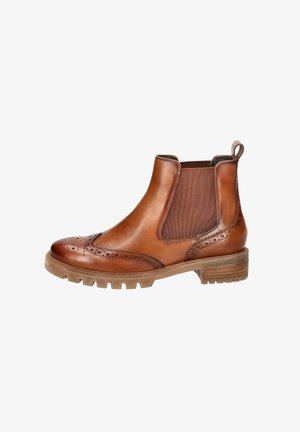 Brune læder Chelsea støvler med elastiske sidepaneler, brogue detaljer, rund tå og en robust struktureret sål.