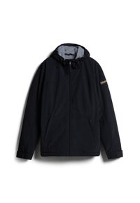 Giacca nera con cappuccio, dotata di fodera grigia, zip frontale e due tasche laterali. Include cuciture decorative sulla manica.